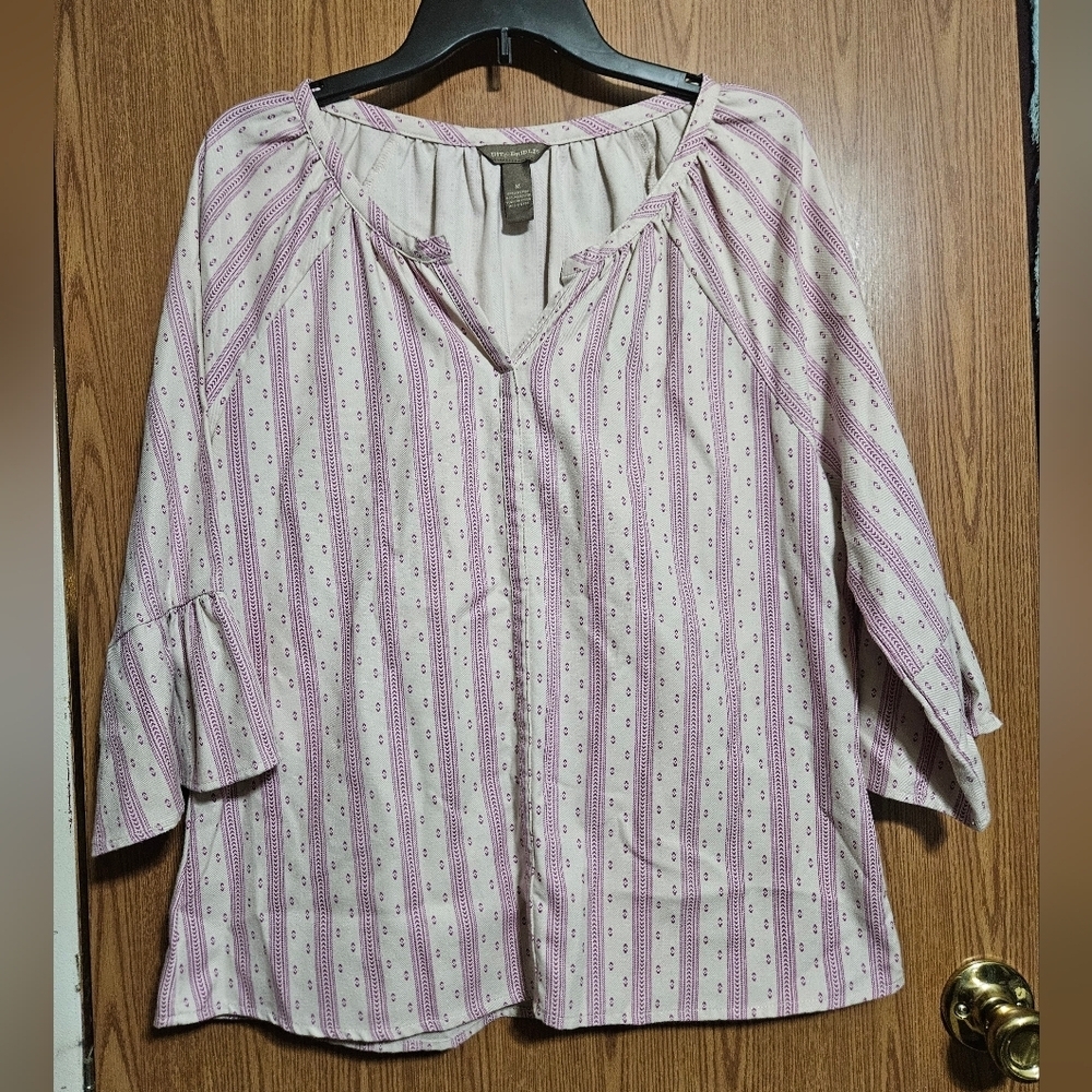 Bit & Bridle Top Beige Purple Babydoll Country Farmhouse Boho Flare Sleeve